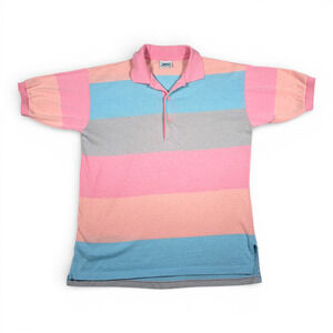 Vintage Electric Avenue Polo Shirt Adult SMALL Pink Blue Pastel Striped USA 80s